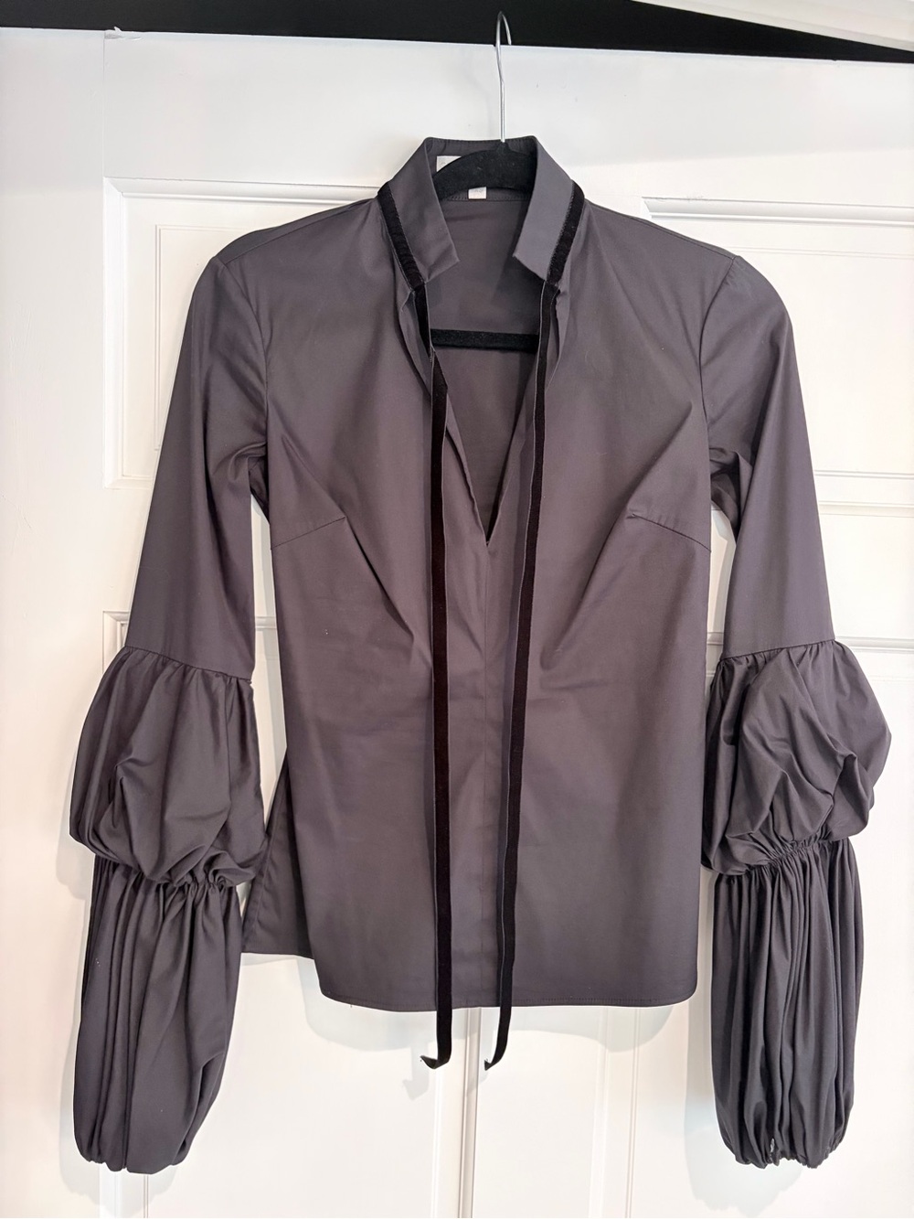 Caroline Constas Blouse XS Black Balloon Sleeve Tie Neck Designer Top